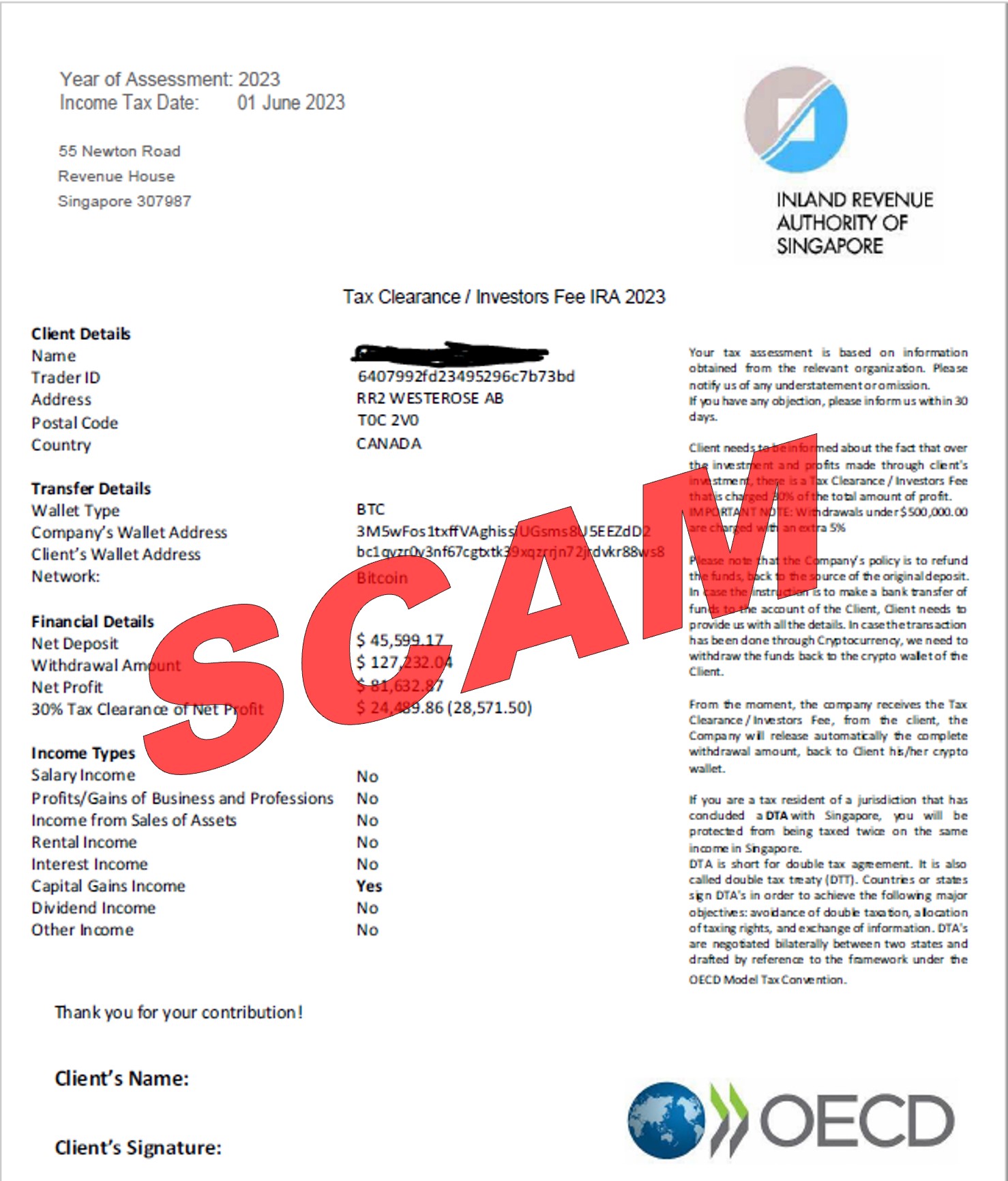 Image showing scam letter seeking tax clearance, investors fee