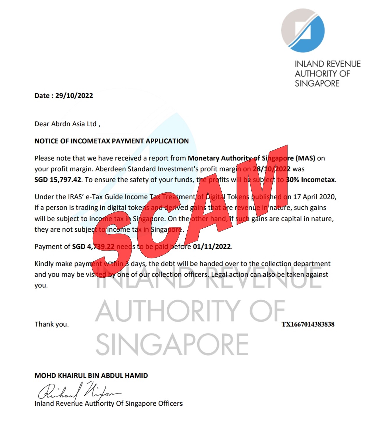 Screenshot of scam letter seeking tax payment on investment profit purportedly from IRAS, instructing the recipient to pay income tax on their investment profit to ensure “the safety of their funds”