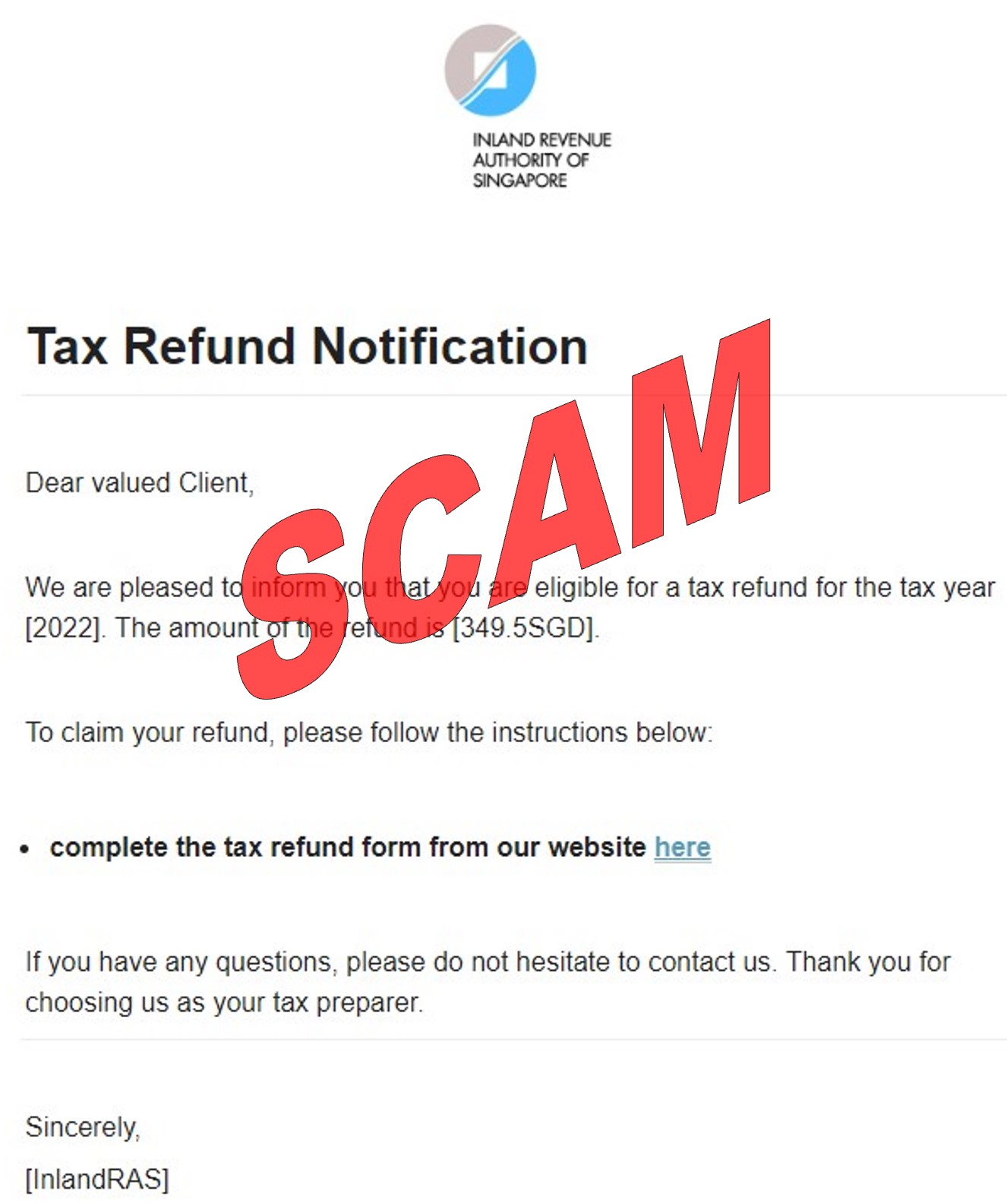 Screenshot of scam phishing emails under the pretext of offering “tax refunds” to lure taxpayers in giving their credit card details