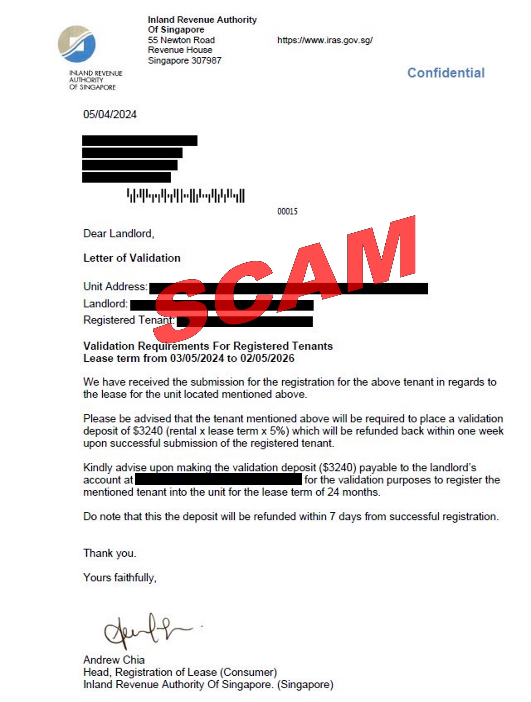 Screenshot of scam email on payment of validation deposit_5Apr2024