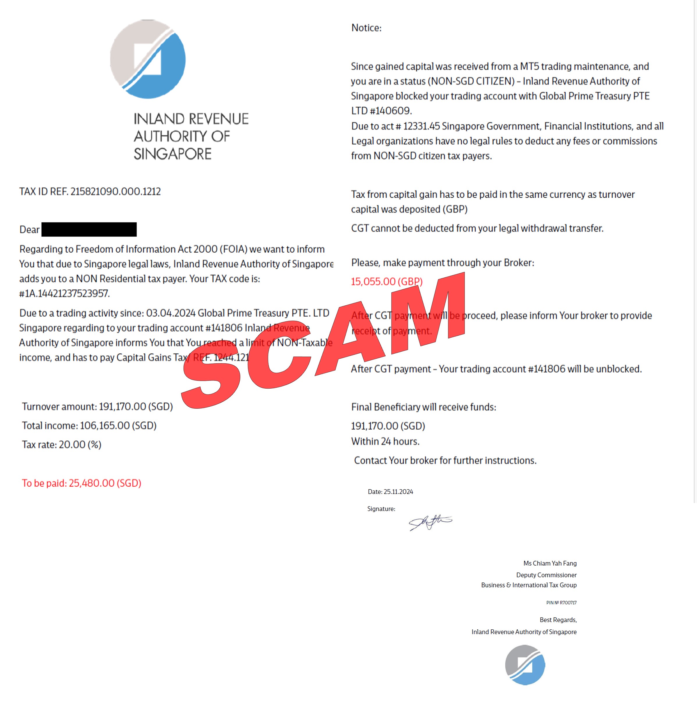 Screenshot showing a variant of an investment scam involving payment of capital gains tax_18Dec2024