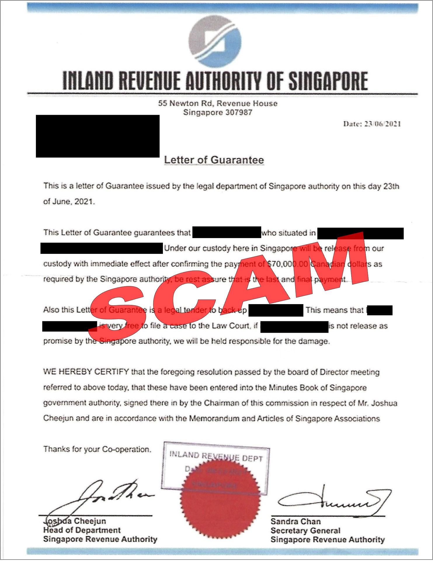 Scam letter_letter of guarantee on tax arrears payment