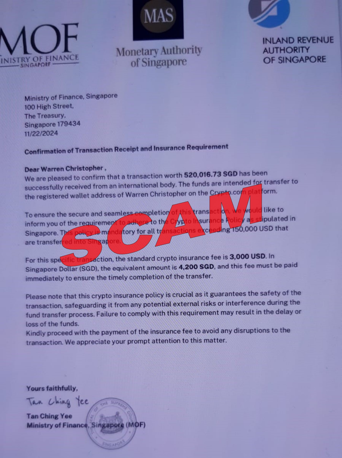 Scam notice allegedly sent by MOF (MAS and IRAS) for cryptocurrency payment_25Nov2024