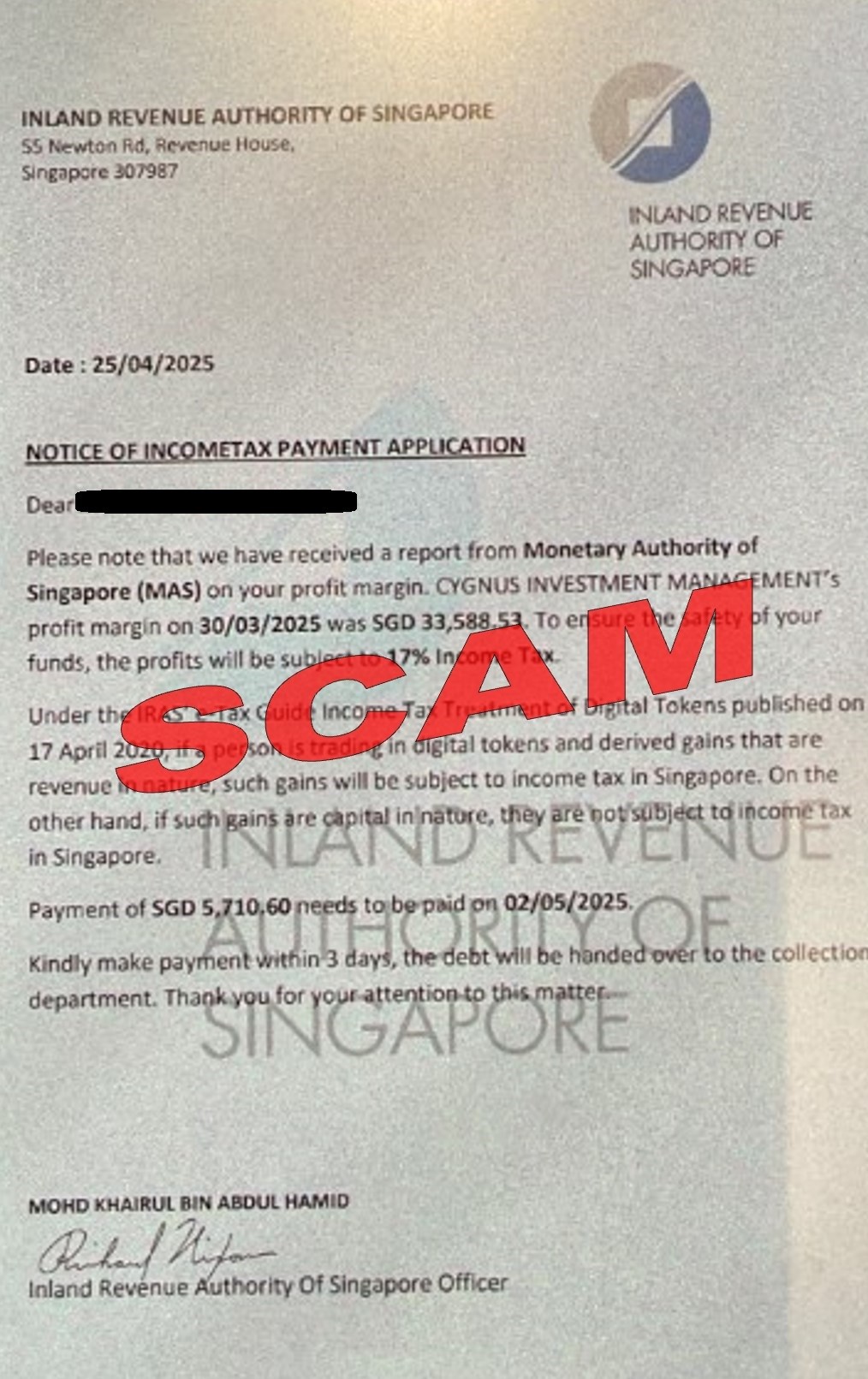 Screenshot of Investment scam variant with IRAS logo and MAS mentioned