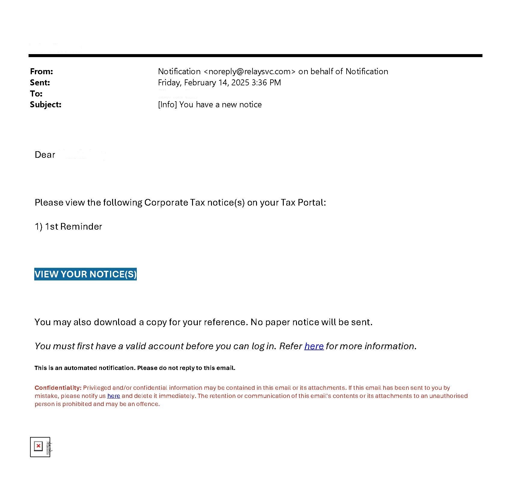 Screenshot of scam email on viewing of CT notice