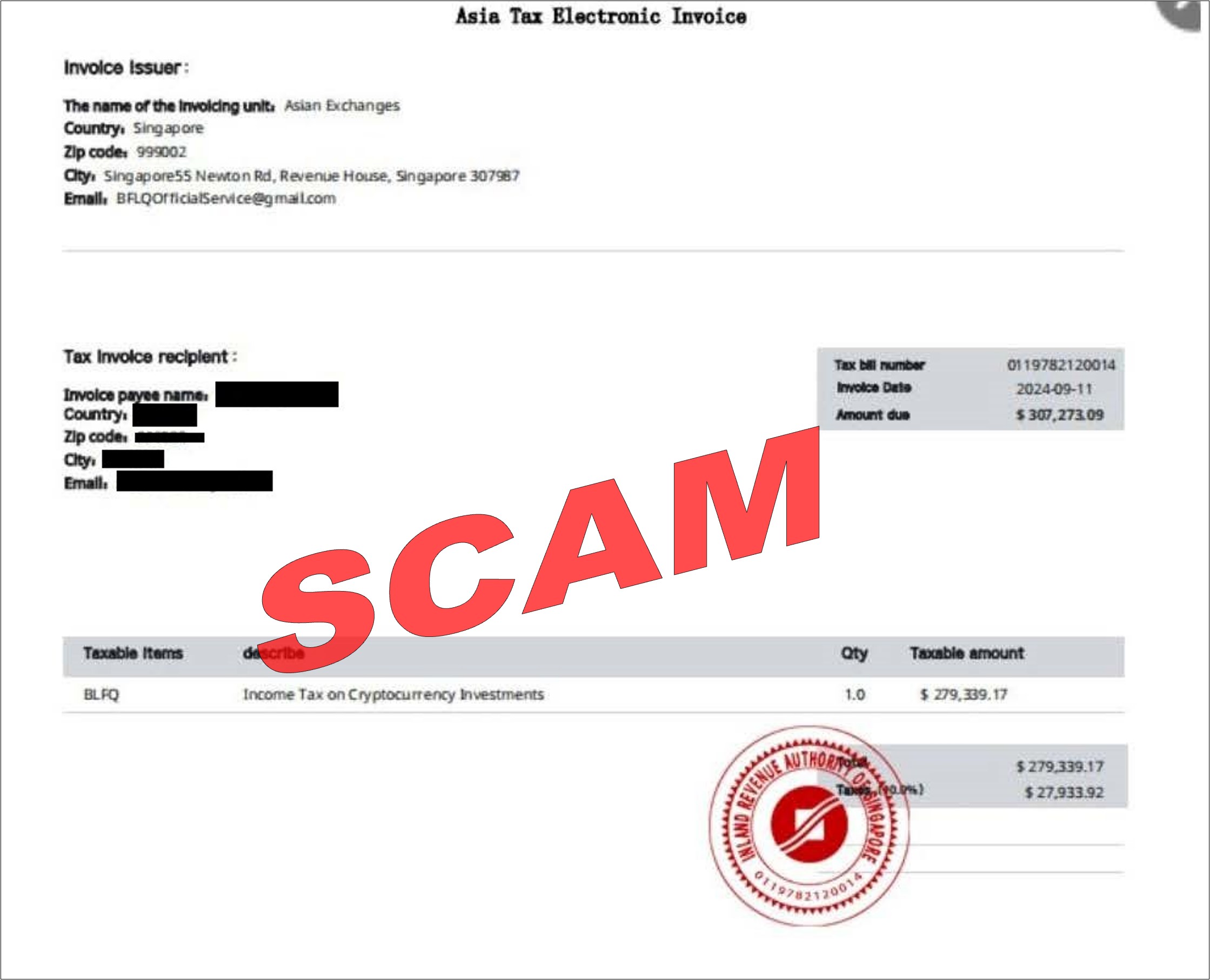 Screenshot showing scam tax invoice to pay for cryptocurrency investments